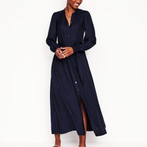Ruby Collarless Shirt Dress-Navy