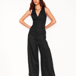 V-Neck Linen Jumpsuit-Black