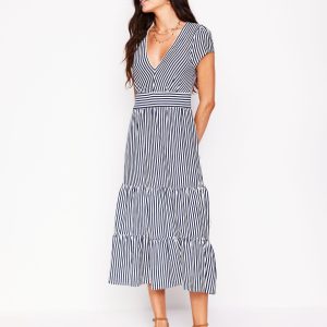 Eloise Tiered Jersey Dress-French Navy and Ivory Stripe