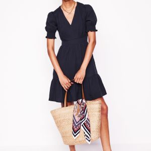 Anna Double Cloth Short Dress-Navy