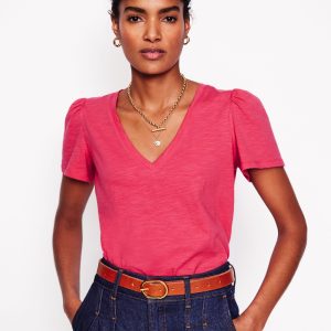 Short Sleeve V Neck T-shirt-Camelia Pink