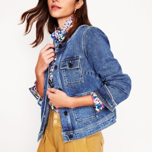 Collarless Casual Jacket-Mid Wash Denim