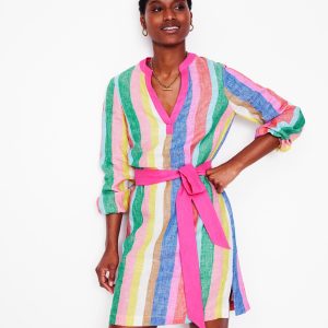 Cleo Linen Tie Waist Dress-Bright Rainbow Stripe