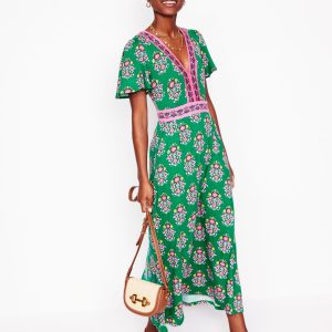 Ellie Flutter Maxi Tea Dress-Rich Emerald. Wildflower Stamp