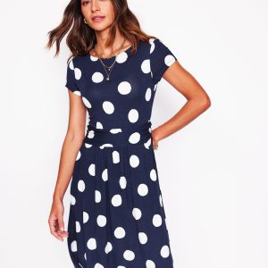 Amelie Jersey Dress-French Navy. Abstract Dot