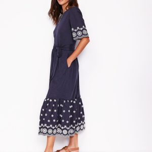 Isabel Broderie Mix maxi Dress-Navy