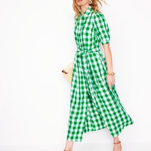 Alexa Linen Maxi Shirt Dress-Rich Emerald Gingham