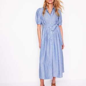 Alexa Linen Maxi Shirt Dress-Grey Blue Chambray