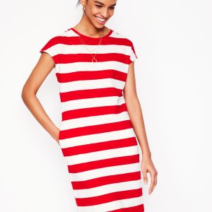 Leah Jersey T-shirt Dress-Poppy Red. White Stripe