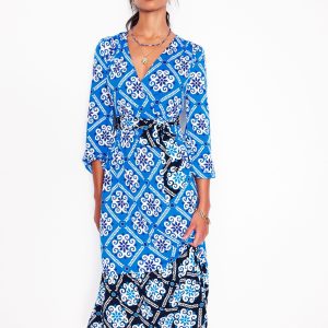 Tie Wrap Tier Maxi Dress-Cerulean Blue. Baroque Tile