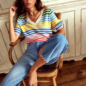 Liv V-Neck Linen T-Shirt-Banded Rainbow Stripe