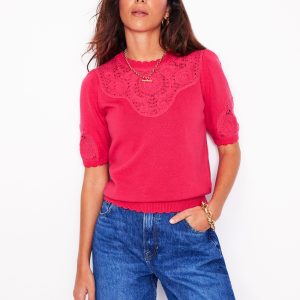 Embroidered Yoke Knitted Tee-Camelia Pink