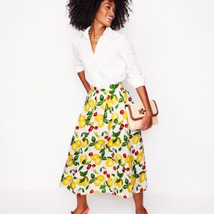 Verity Linen Midi Skirt-Ivory. Cherries and Lemons