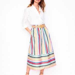 Tie Belt Sateen Midi Skirt-Ivory Varigated Rainbow Stripe