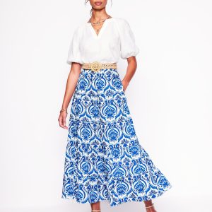 Nadia Poplin Maxi Skirt-Blue. Ornamental Floral