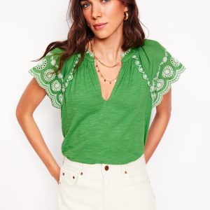 Ila Broderie Sleeve Notch Top-Paradise Green