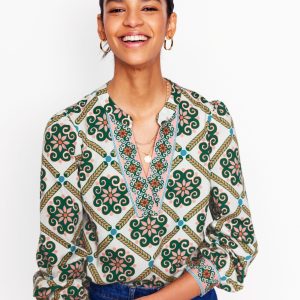 Cotton Notch Neck Top-Ivory. Baroque Tile