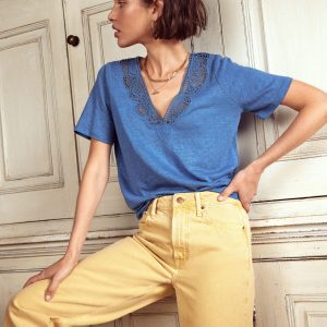 Lace Trim Linen T-shirt-Blue River