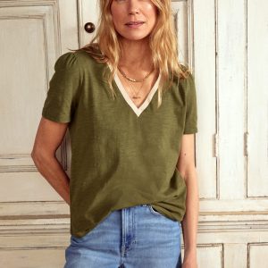 Metallic Trim V Neck T-shirt-Mayfly
