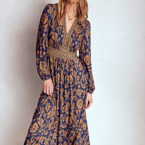 Lily Long Sleeve Midi Dress-French Navy. Ornate Flora