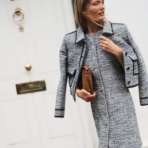 Textured Tab Short Dress-Blue and White Texture