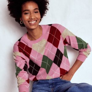 Lydia Cashmere Jumper-Pink. Brown and Green Argyle