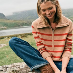 Lucy Half-zip Sweater-Camel Melange. Red Stripe