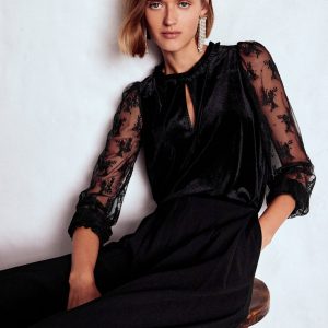 Mixed Media Puff Velvet Top-Black